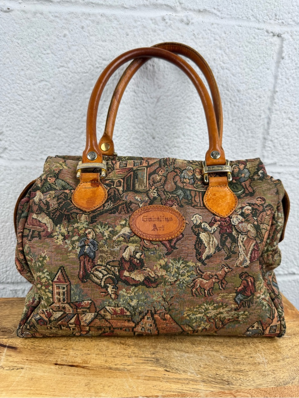 Gobelins Art Tapestry Satchel Bag Vintage Leather Trim Top Handle
